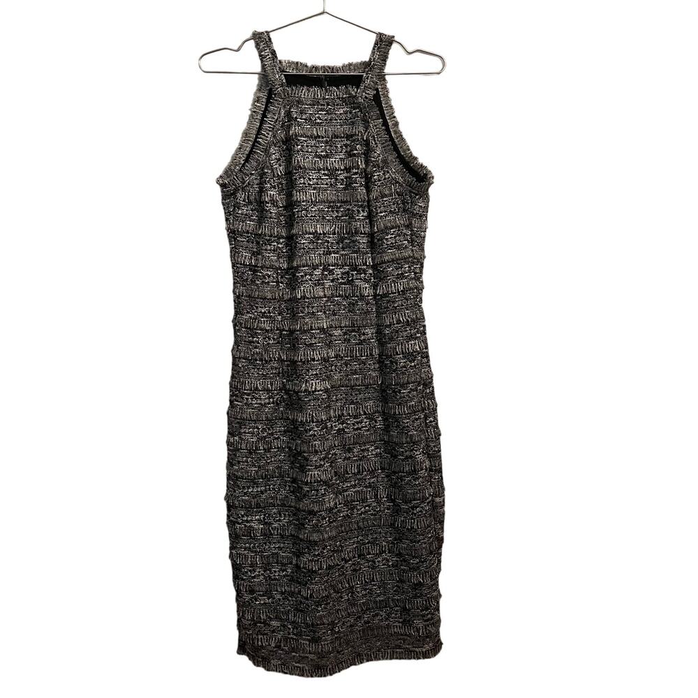 W by Worth Womens Black & Silver Metallic Fringe Sheath Midi Cocktail Dress 4